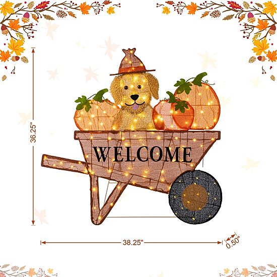 Glitzhome 37"L Lighted Fall Pumpkin Wheel Barrow Thanksgiving Inflatable