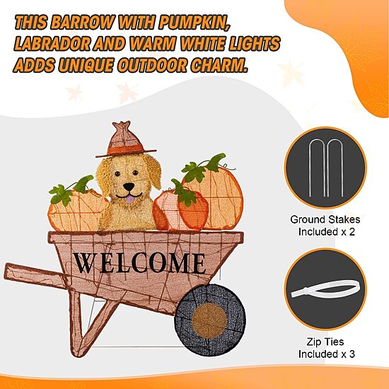 Glitzhome 37"L Lighted Fall Pumpkin Wheel Barrow Thanksgiving Inflatable