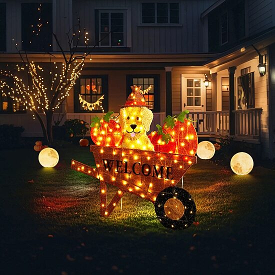 Glitzhome 37"L Lighted Fall Pumpkin Wheel Barrow Thanksgiving Inflatable