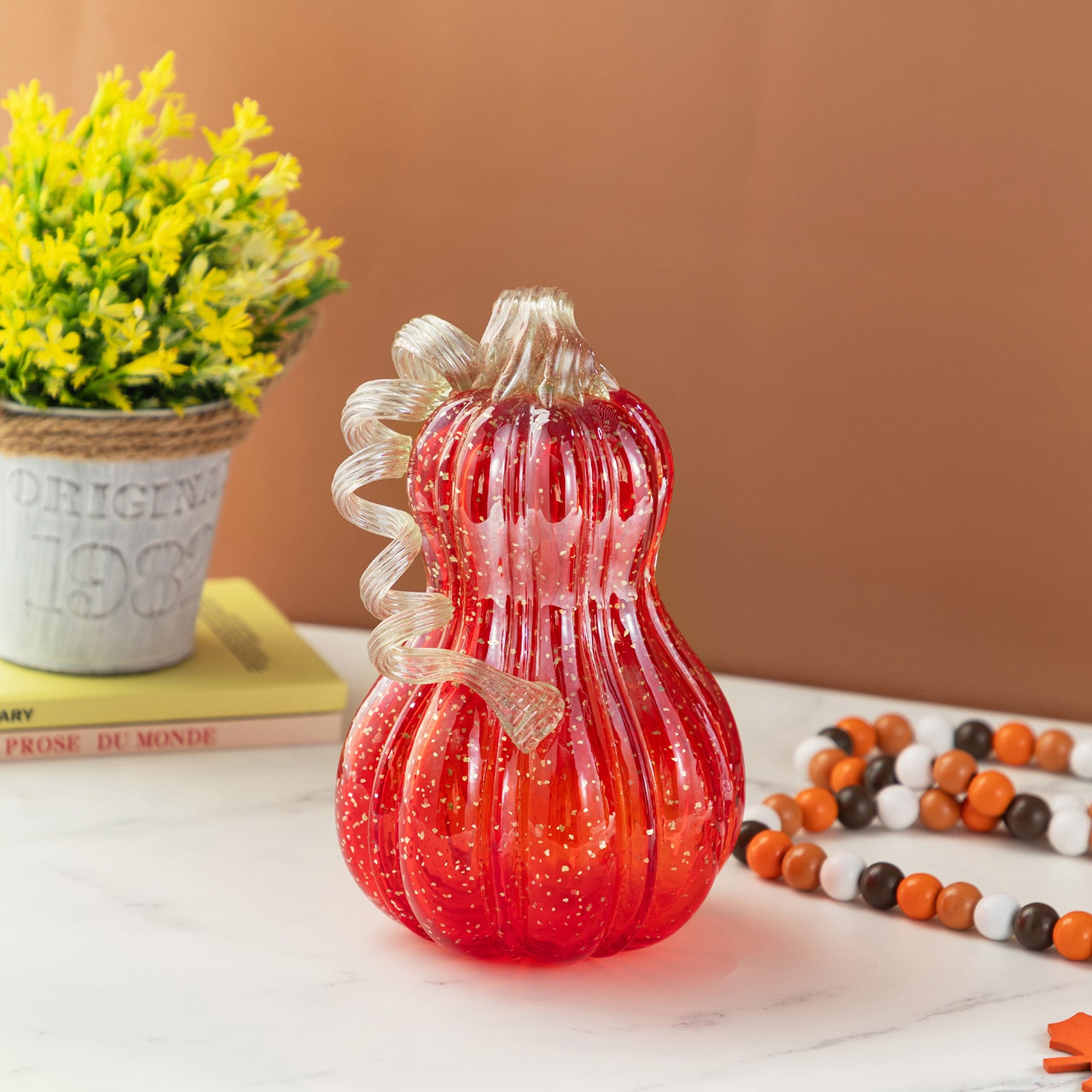 Glitzhome 9"H Fall Red Glass Gourd Thanksgiving Thanksgiving Tabletop Decor