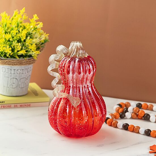 Glitzhome 9"H Fall Red Glass Gourd Thanksgiving Tabletop Decor