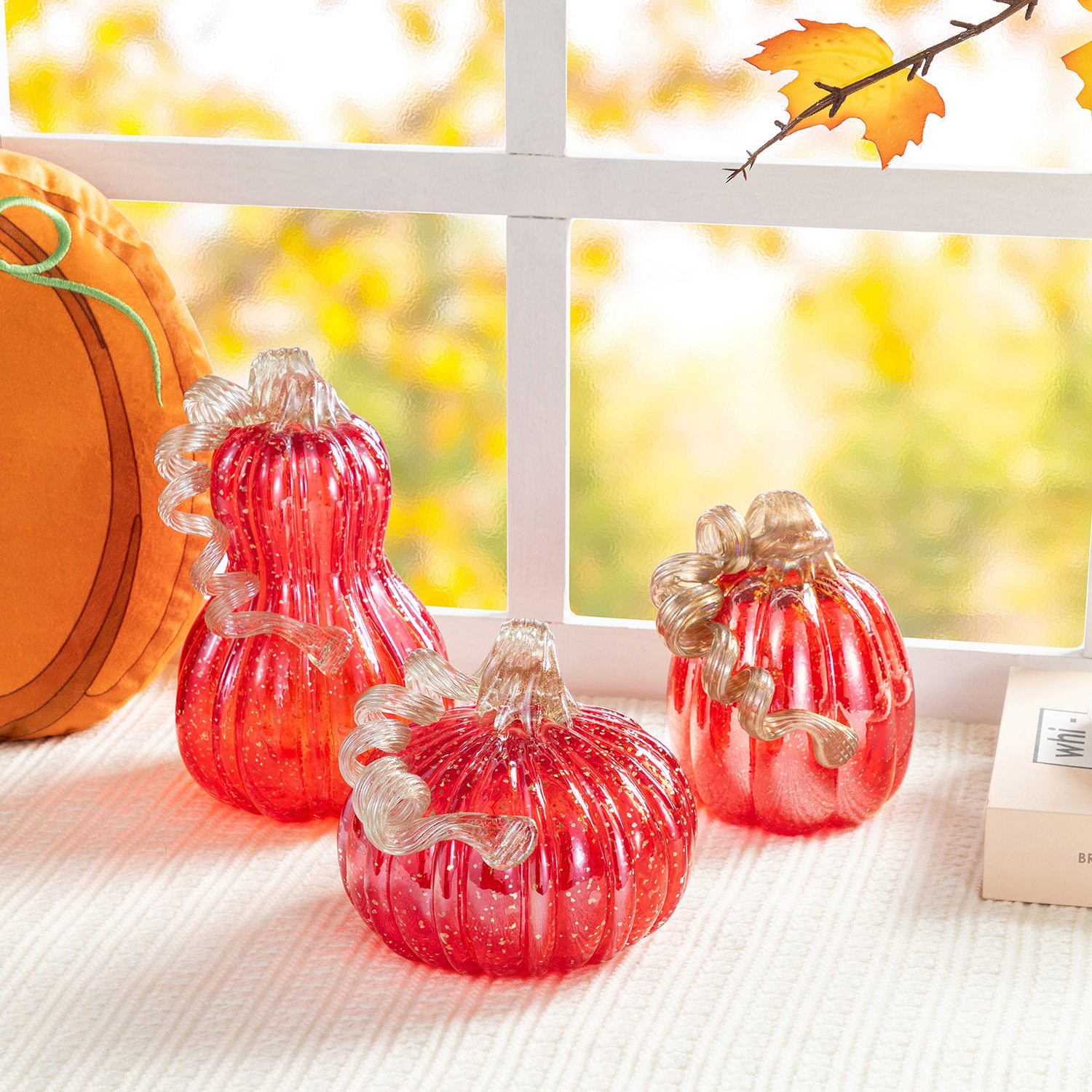 Glitzhome 9"H Fall Red Glass Gourd Thanksgiving Thanksgiving Tabletop Decor