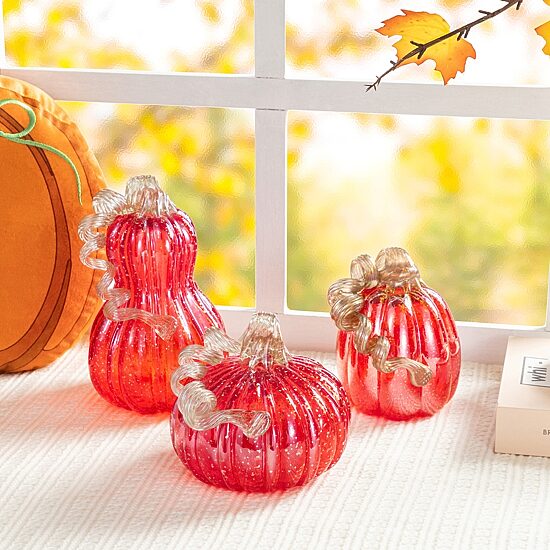 Glitzhome 9"H Fall Red Glass Gourd Thanksgiving Tabletop Decor