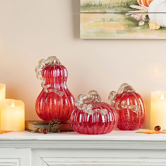 Glitzhome 9"H Fall Red Glass Gourd Thanksgiving Tabletop Decor