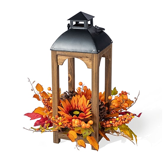 Glitzhome 20"H Fall Sunflower, Pinecone And Berry Wood Lantern Centerpiece Tabletop Decor
