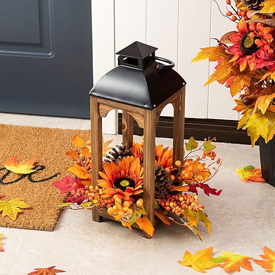 Glitzhome 20"H Fall Sunflower, Pinecone And Berry Wood Lantern Centerpiece Tabletop Decor