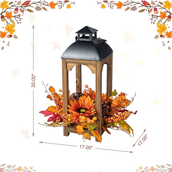 Glitzhome 20"H Fall Sunflower, Pinecone And Berry Wood Lantern Centerpiece Tabletop Decor