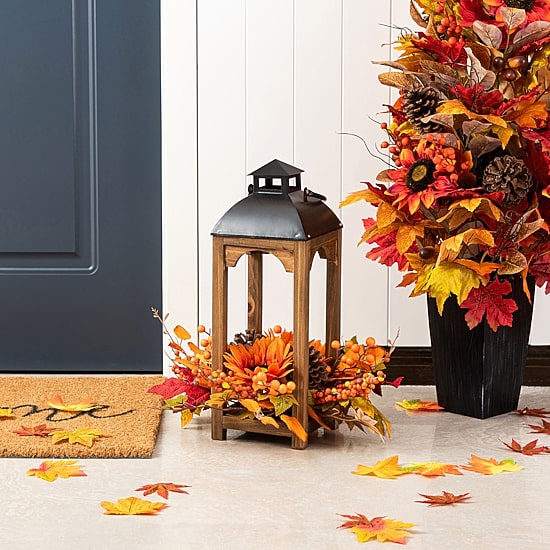 Glitzhome 20"H Fall Sunflower, Pinecone And Berry Wood Lantern Centerpiece Tabletop Decor
