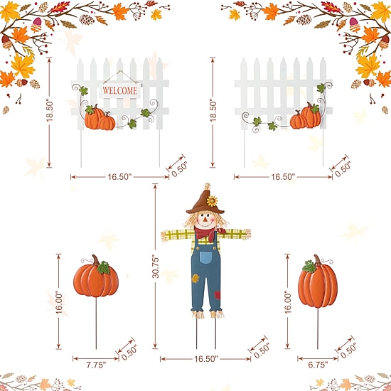 Glitzhome 31"H Fall Metal Scarecrow, Pumpkin & Fence Thanksgiving Yard Art