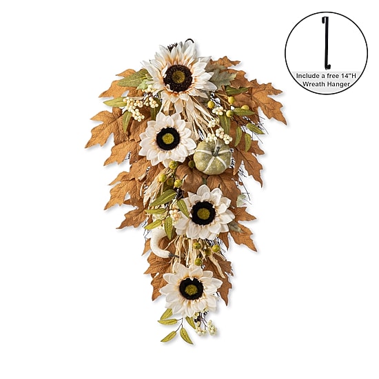 Glitzhome 28"H Fall Neutral Sunflower, Pumpkin And Leaf Swag Thanksgiving Tabletop Decor