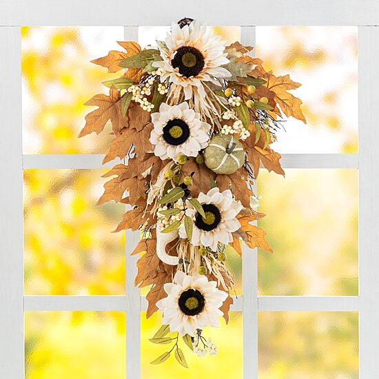 Glitzhome 28"H Fall Neutral Sunflower, Pumpkin And Leaf Swag Thanksgiving Tabletop Decor