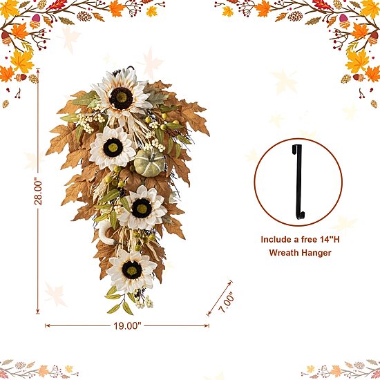 Glitzhome 28"H Fall Neutral Sunflower, Pumpkin And Leaf Swag Thanksgiving Tabletop Decor
