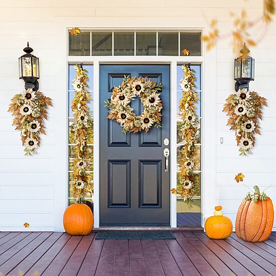 Glitzhome 28"H Fall Neutral Sunflower, Pumpkin And Leaf Swag Thanksgiving Tabletop Decor
