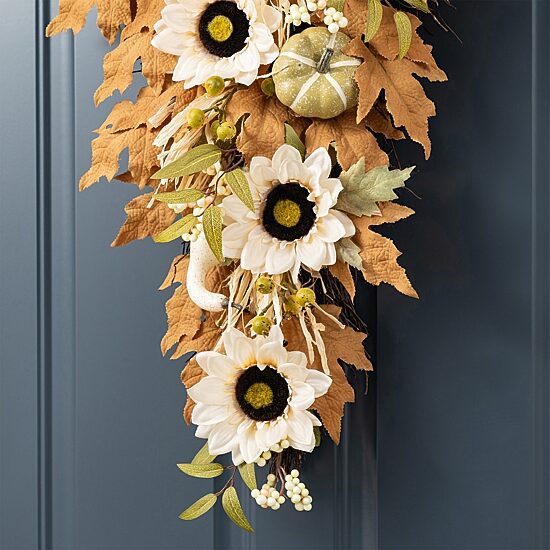 Glitzhome 28"H Fall Neutral Sunflower, Pumpkin And Leaf Swag Thanksgiving Tabletop Decor