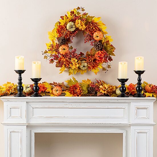 Glitzhome 72"L Fall Dahlia Pumpkin, Leaf And Berry Garland Tabletop Decor
