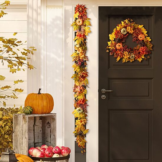 Glitzhome 72"L Fall Dahlia Pumpkin, Leaf And Berry Garland Tabletop Decor
