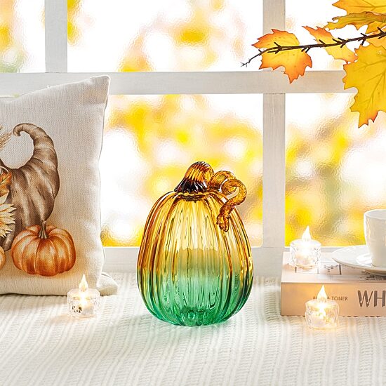 Glitzhome 7"H Gradient Turquoise Glass Pumpkin Tabletop Decor