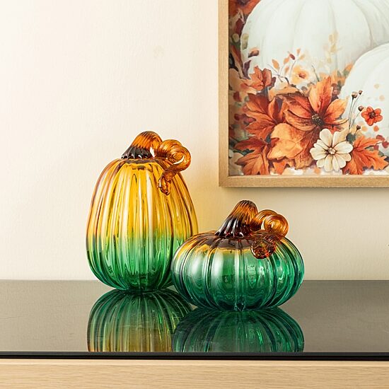 Glitzhome 7"H Gradient Turquoise Glass Pumpkin Tabletop Decor