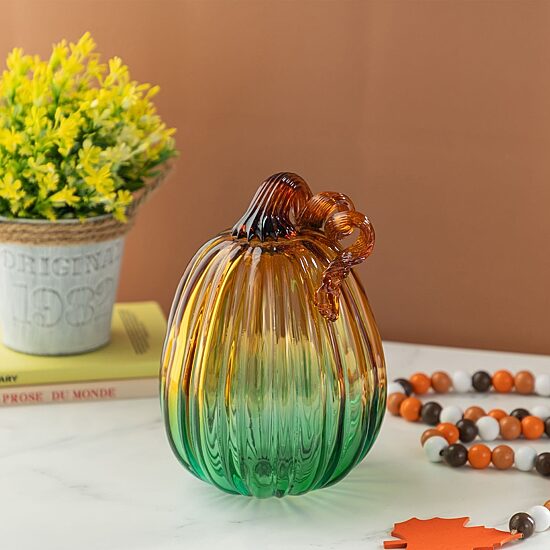Glitzhome 7"H Gradient Turquoise Glass Pumpkin Tabletop Decor