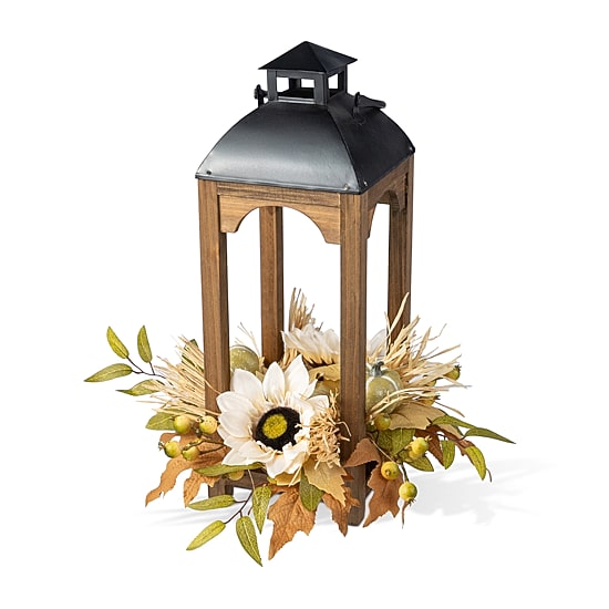 Glitzhome 20"H Fall Neutral Sunflower, Pumpkin And Leaf Wood Lantern Centerpiece Thanksgiving Tabletop Decor