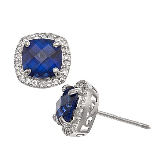 Lab Created Blue Sapphire Sterling Silver 10mm Cushion Stud Earrings