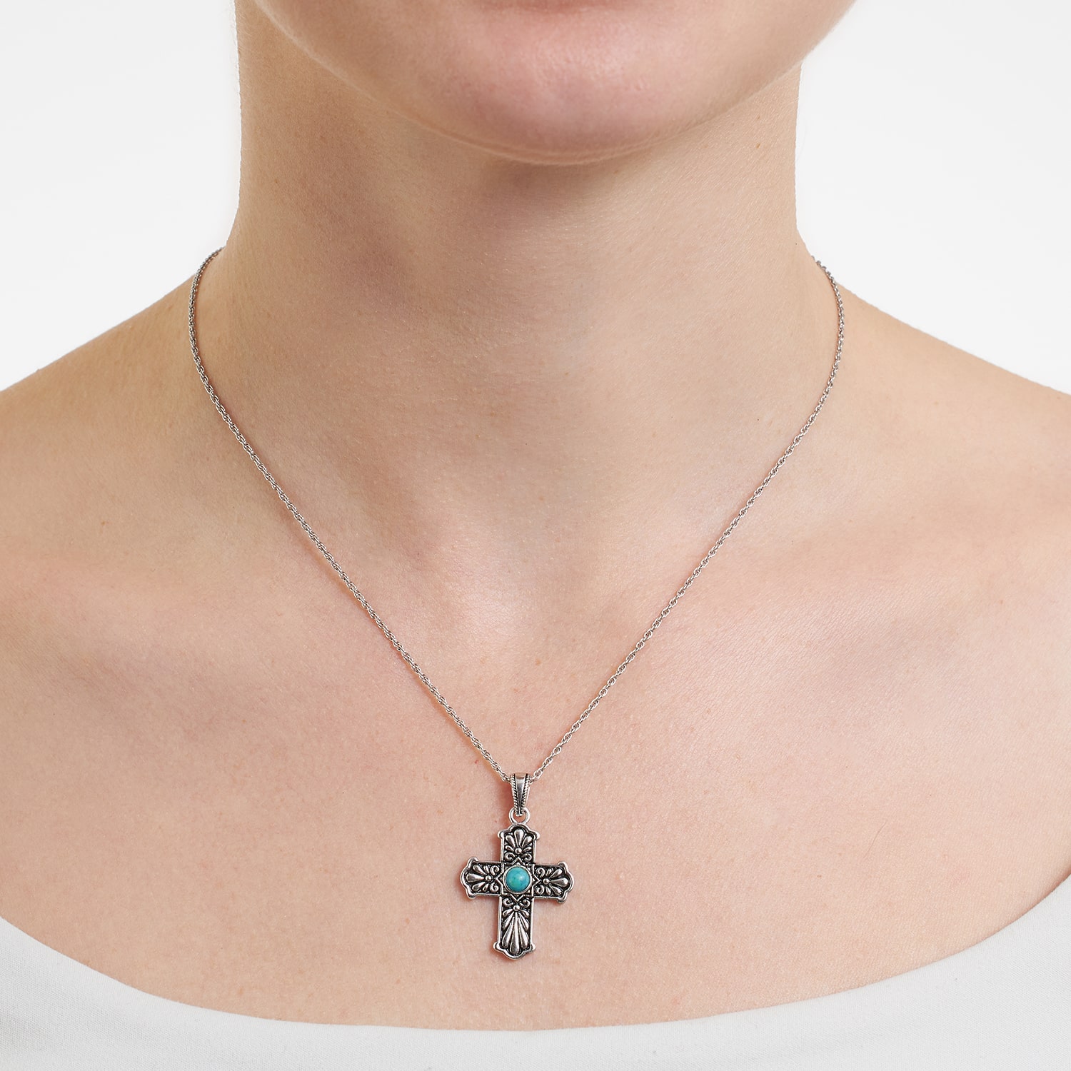 Womens Enhanced Blue Turquoise Sterling Silver Cross 18 Inch Pendant Necklace