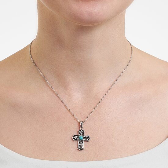 Womens Enhanced Blue Turquoise Sterling Silver Cross 18 Inch Pendant Necklace