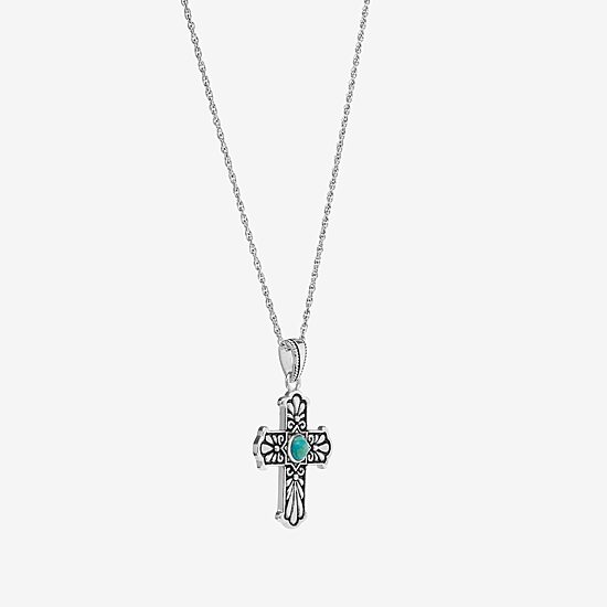 Womens Enhanced Blue Turquoise Sterling Silver Cross 18 Inch Pendant Necklace