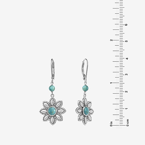 Womens Enhanced Blue Turquoise Sterling Silver Flower Drop Earrings