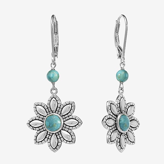 Womens Enhanced Blue Turquoise Sterling Silver Flower Drop Earrings