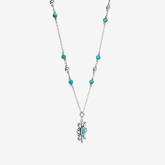 Womens Enhanced Blue Turquoise Sterling Silver Flower 18 Inch Pendant Necklace