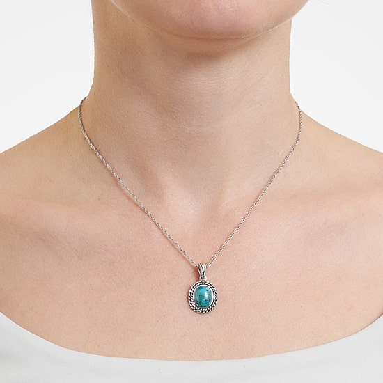 Womens Enhanced Blue Turquoise Sterling Silver Oval 18 Inch Pendant Necklace