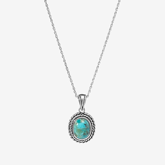 Womens Enhanced Blue Turquoise Sterling Silver Oval 18 Inch Pendant Necklace