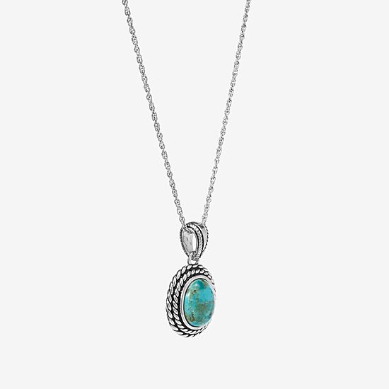 Womens Enhanced Blue Turquoise Sterling Silver Oval 18 Inch Pendant Necklace