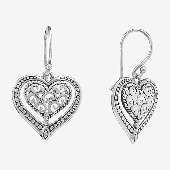 Womens Sterling Silver Heart Drop Earrings