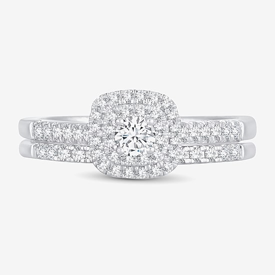 1/2 CT.T.W. Natural Diamond Halo Bridal Set 10K or 14K White Gold