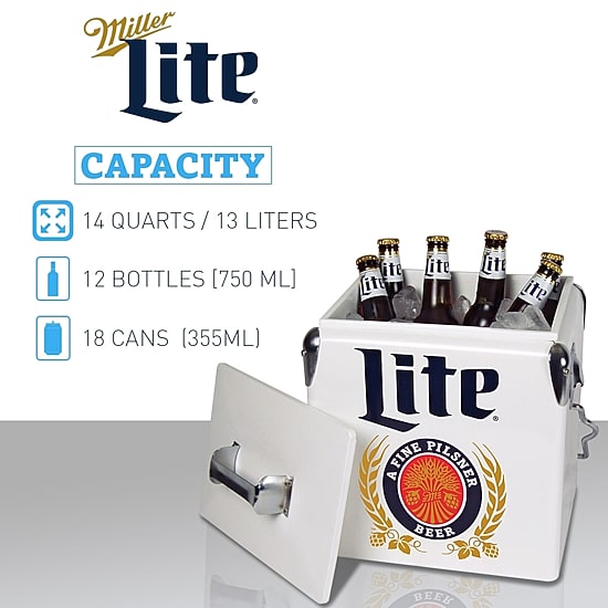 Miller Lite Retro Ice Chest Cooler with Bottle Opener 13L (14 qt)- White and Blue