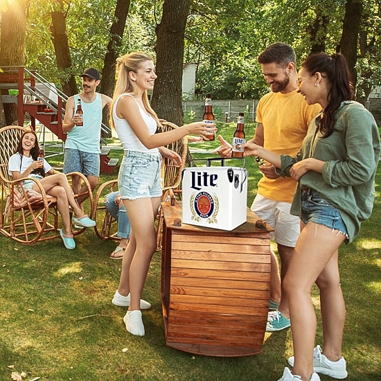 Miller Lite Retro Ice Chest Cooler with Bottle Opener 13L (14 qt)- White and Blue