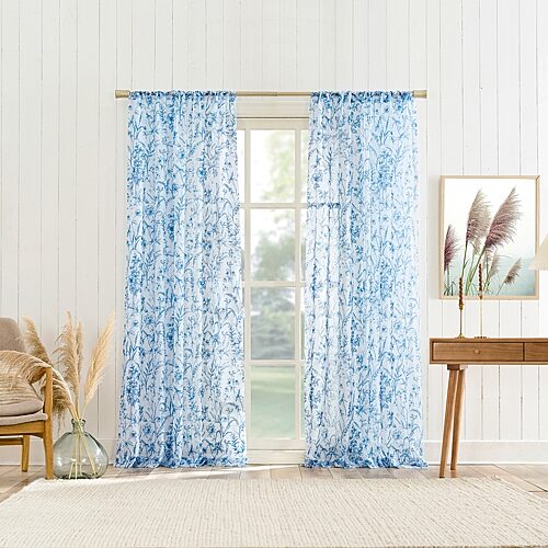 Ambree Vintage like Floral Sheer Rod Pocket Curtain Panel - Chinoiserie blue