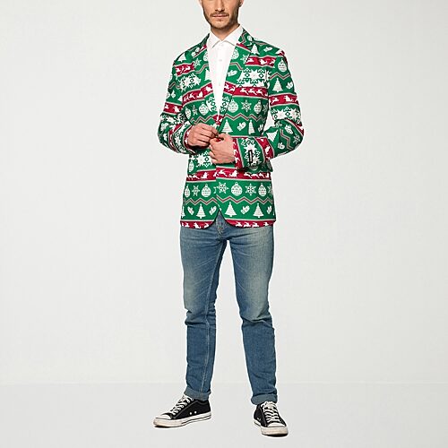 Suitmeister Men's Christmas Blazer - X- Mas Festive Nordic Slim Fit - Green - White - Green