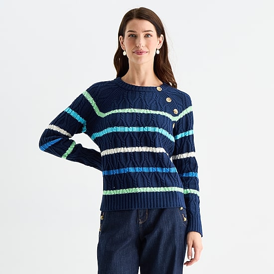 St. John's Bay Womens Crew Neck Long Sleeve Striped Cable Knit Pullover Sweater