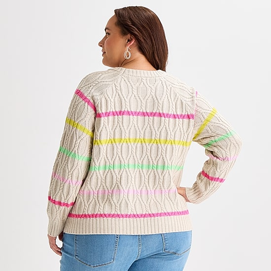 St. John's Bay Plus Womens Crew Neck Long Sleeve Striped Cable Knit Pullover Sweater
