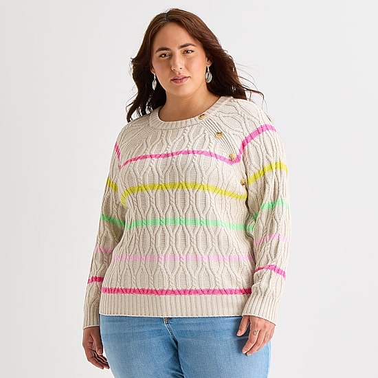St. John's Bay Plus Womens Crew Neck Long Sleeve Striped Cable Knit Pullover Sweater