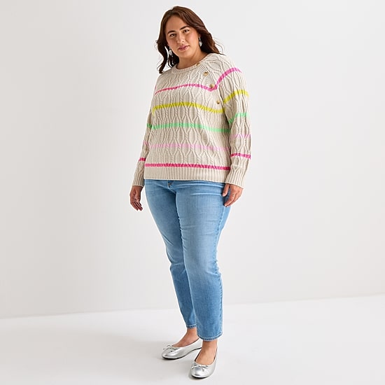 St. John's Bay Plus Womens Crew Neck Long Sleeve Striped Cable Knit Pullover Sweater