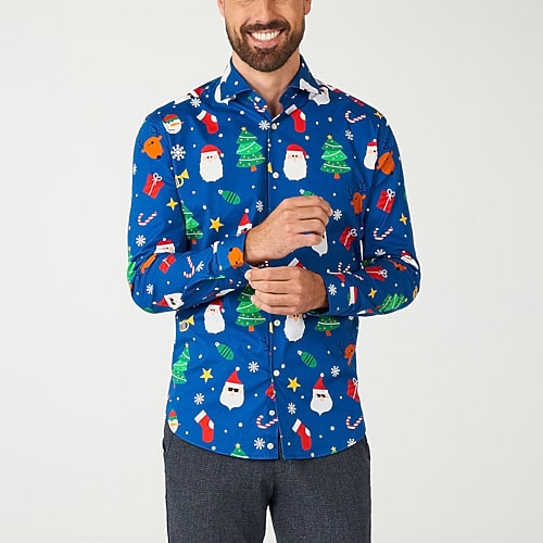 OppoSuits Men's Festivity Blue Shirt - Perfect For Christmas - Xmas Parties - Including 1 Button-Up Shirt - Blue - Long sleeve - Open miscellaneous 96