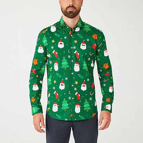 OppoSuits Men's Festivity Green Shirt - Perfect For Christmas - Xmas Parties - Including 1 Button-Up Shirt - Green - Long sleeve - Open miscellaneous