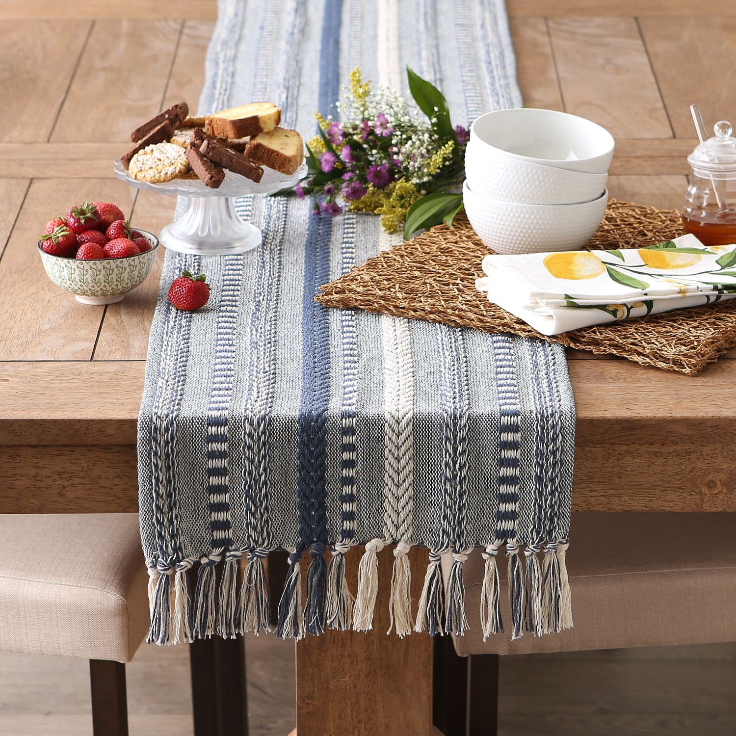 Design Imports French Blue Braided Stripe Table Runner