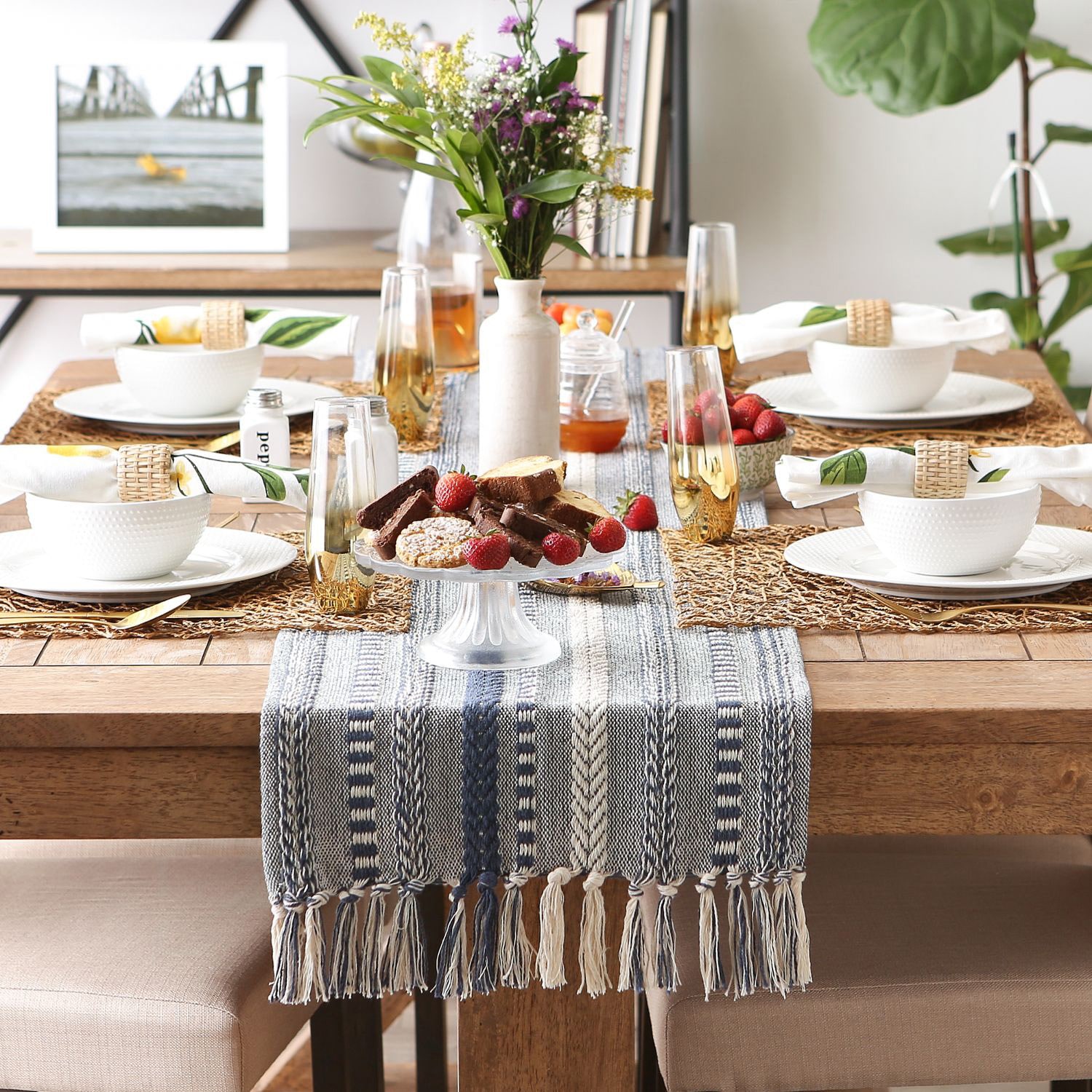 Design Imports French Blue Braided Stripe Table Runner
