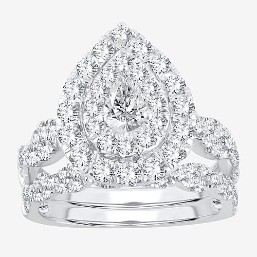 Signature By Modern Bride Womens 2 CT.T.W. Natural Diamond 10K or 14K Gold Pear Side Stone Halo Bridal Set, 9, White