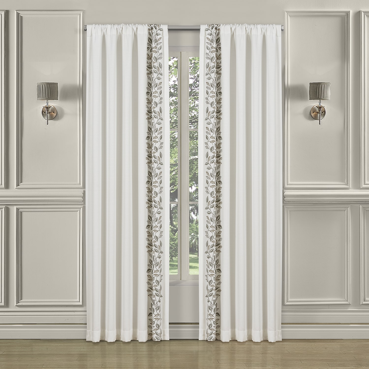Royal Court Laurel Rod Pocket Embroidered Light-Filtering Set of 2 Curtain Panel